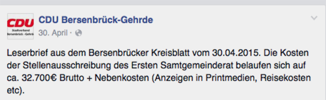 Hier der Screenshot vom Post auf der facebook-Seite der CDU Bersenbrück-Gehrde.