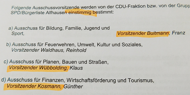 Mit Franz Buitmann, Klaus Wübbolding und Günther Kosmann werden drei der vier Ausschüsse von Mitgliedern der CDU-Fraktion geleitet.