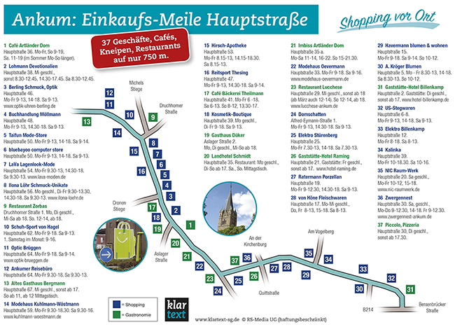 Als PDF (auf das Bild oder hier klicken) zum Herunterladen und Ausdrucken: Ankums Einkaufs-Meile Hauptstraße mit ihren Läden und ihrer Gastronomie – plus Öffnungszeiten.