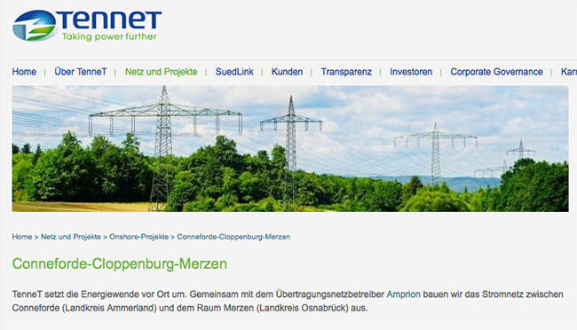 TenneT ist der Partner von Amprion bei der Umsetzung der Trassenpläne. Screenshot www.tennet.eu.