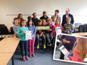 Das Energieteam der Grundschule Ankum mit (2. Reihe von rechts): Rektor Josef Gäbken, Lehrer Frederik Wiemerslage und von den Grünen Josef Weissmann, Ralf Gramann und Verena Kastner.