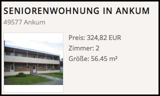 Ein Angebot vom 23. Mai: 5,75 €/qm Kaltmiete, 436 € warm, für zwei Zimmer in einem recht tristen Bau von 1980. Screenshot: baugenossenschaft-lkos.de