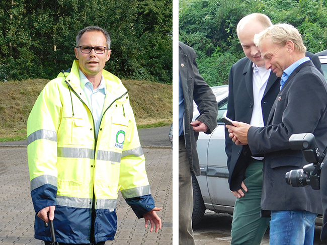 Erste Gespräche im September, als man am Recyclinghof auf die Ankunft des Ministers wartete: Links Awigo-Geschäftsführer Christian Niehaves im Awigo Jacken-Look. Auf dem rechten Bild rechts: Ralf Gramann.