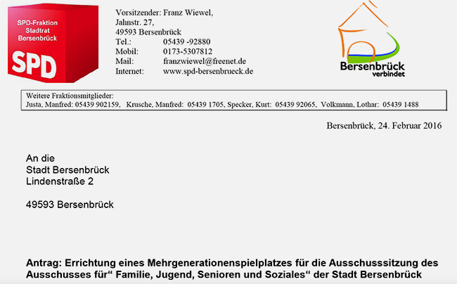 Die SPD spricht sich in ihrem Antrag an die Stadt Bersenbrück für die Einrichtung eines Mehrgenerationen-Spielplatzes aus.