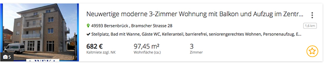 Bei Immowelt gab es am 11. Juni nur zwei Angebote für Bersenbrück: Mietpreis der 3-Zi.-Wohnungen: warm 680 € für 96 qm sowie 812 € für gut 97 qm. Screenshot: www.immowelt.de