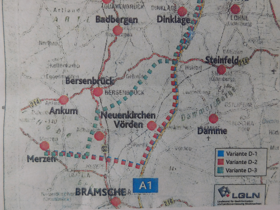 Käme es zum blauen Verlauf ab Holdorf, wäre wohl Gerhrder, Bersenbrücker und Alfhausener Gebiet von der Stromtrasse betroffen.