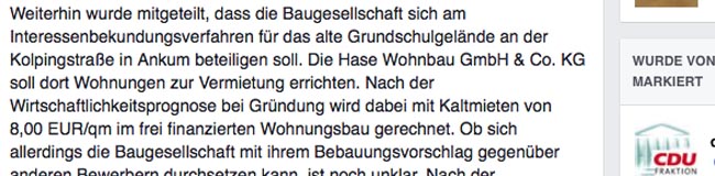 Textausschnitt aus der Mitteilung der CDU Bersenbrück-Gehrde. So zu lesen auf der Facebook-Seite.