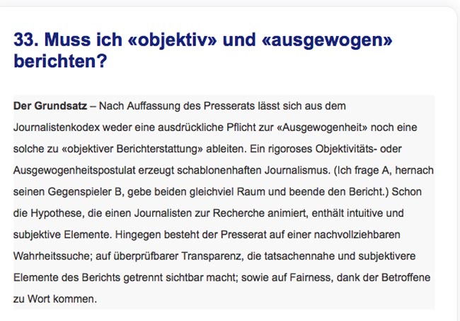 Eine lohnenswerte Lektüre: Die Ausführungen des Presserats der Schweiz zur Arbeit und Arbeitsweise von Journalisten.