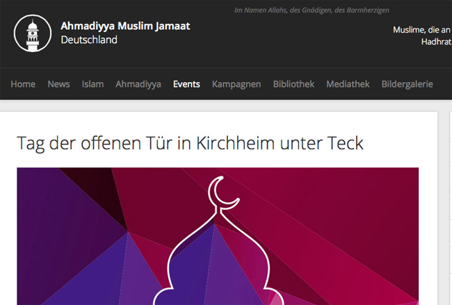 Die Religionsgemeinschaft Aymadiyya hat eine deutsche Webseite. Screenshot: http://www.ahmadiyya.de