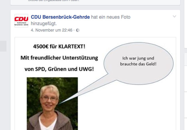 Jeder hat so seine eigenen Vorstellungen von Humor... Vorsitzender der CDU Bersenbrück-Gehrde ist Axel Meyer Zu Drehle. Screenshot Facebook-Seite der CDU Bersenbrück-Gehrde. 